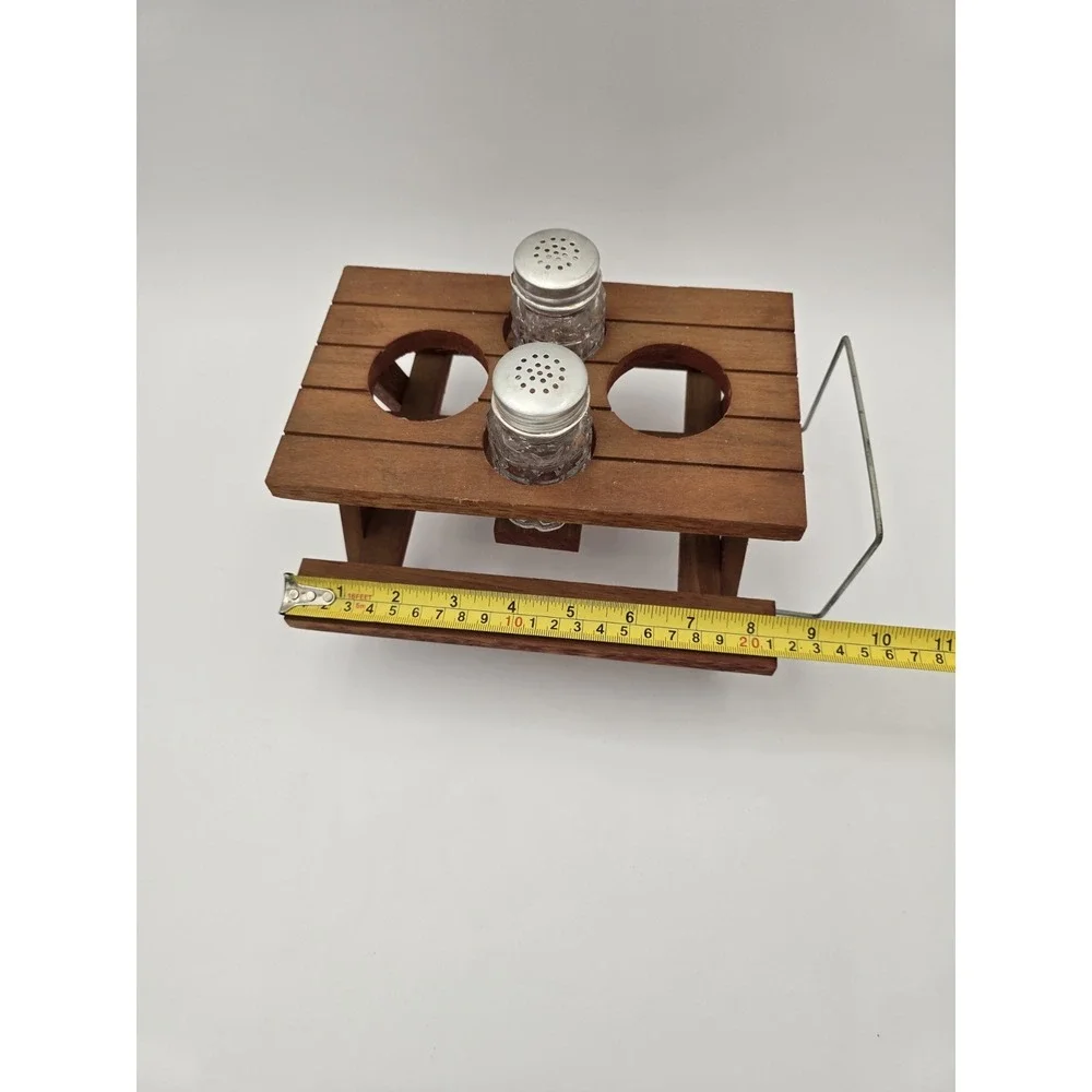 Wooden Picnic Table Condiment Caddy Salt and Pepper Shakers Napkin Holder VTG